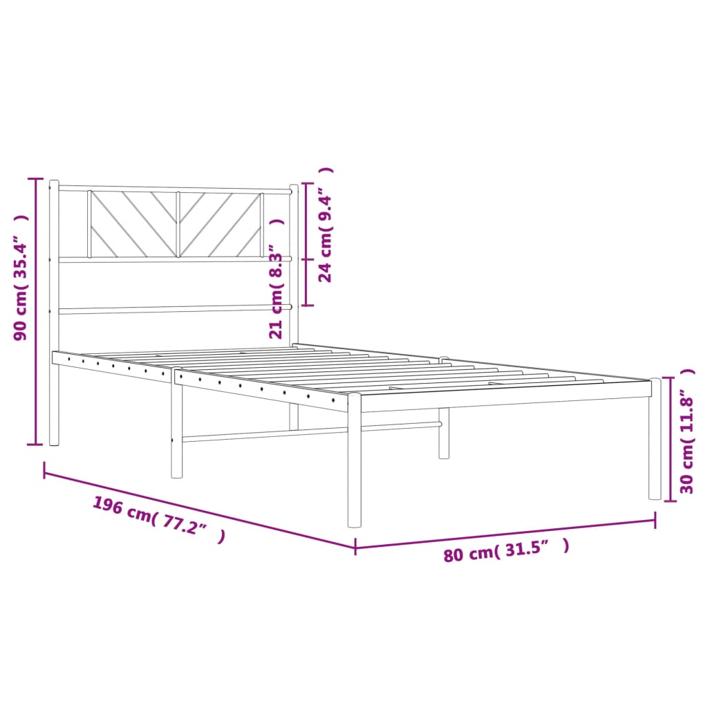 Metal Bed Frame without Mattress with Headboard Black 75x190cm