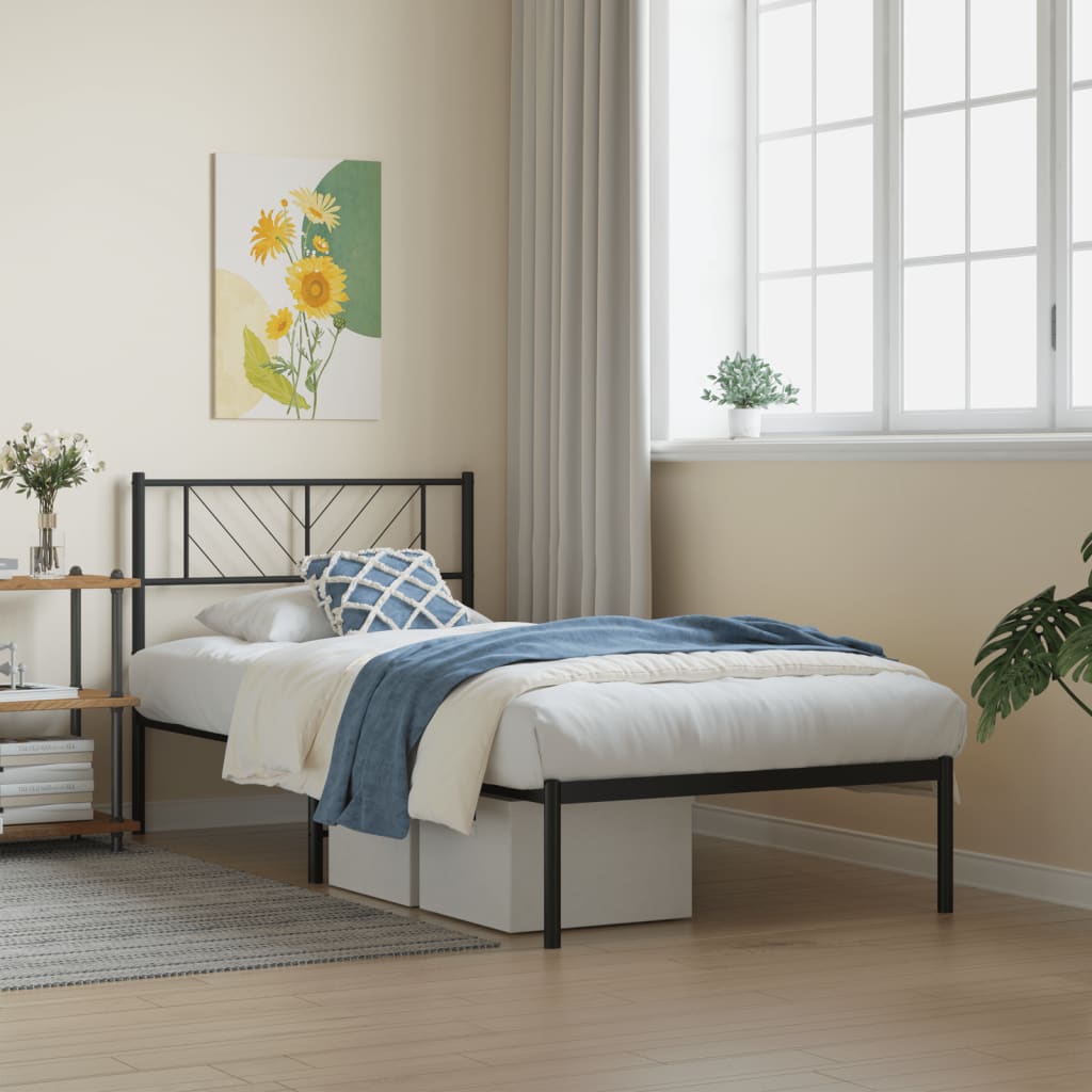 Metal Bed Frame without Mattress with Headboard Black 75x190cm