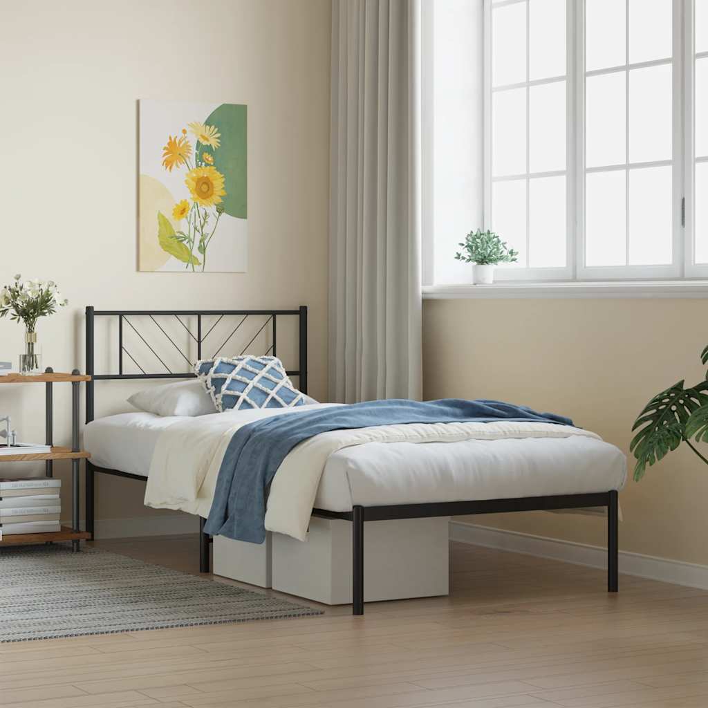 Metal Bed Frame without Mattress with Headboard Black 107x203cm