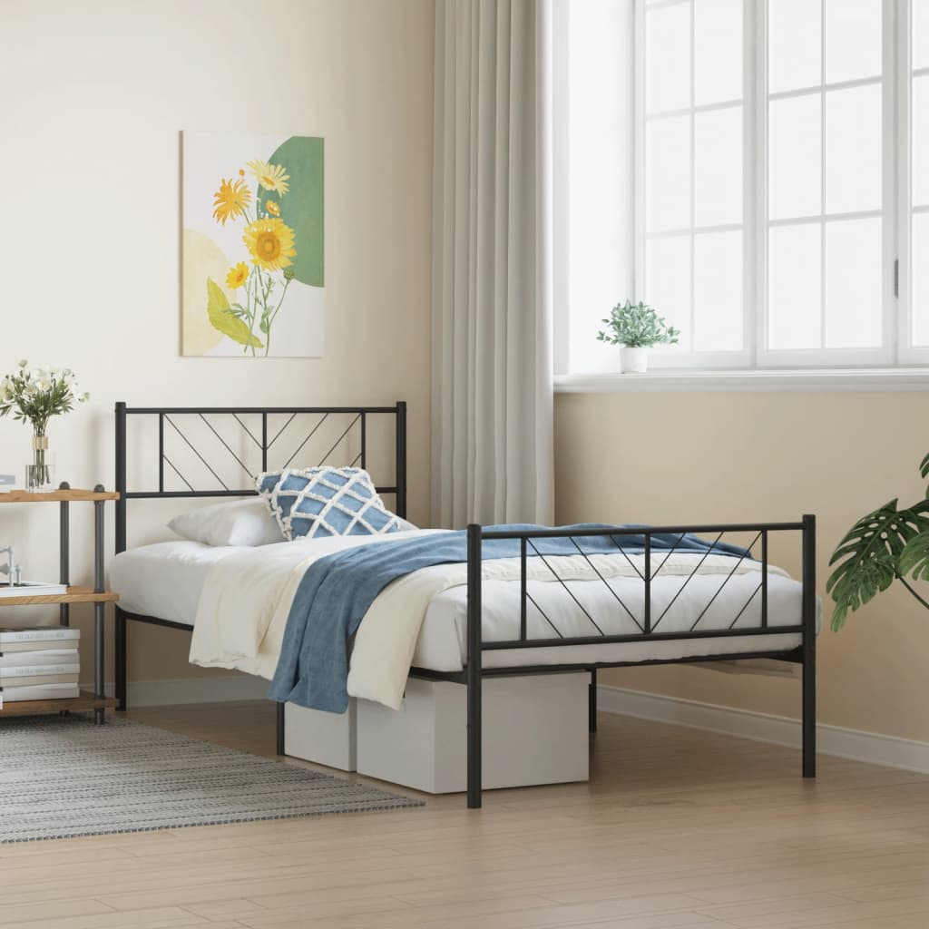 Metal Bed Frame without Mattress with Footboard Black 75x190cm