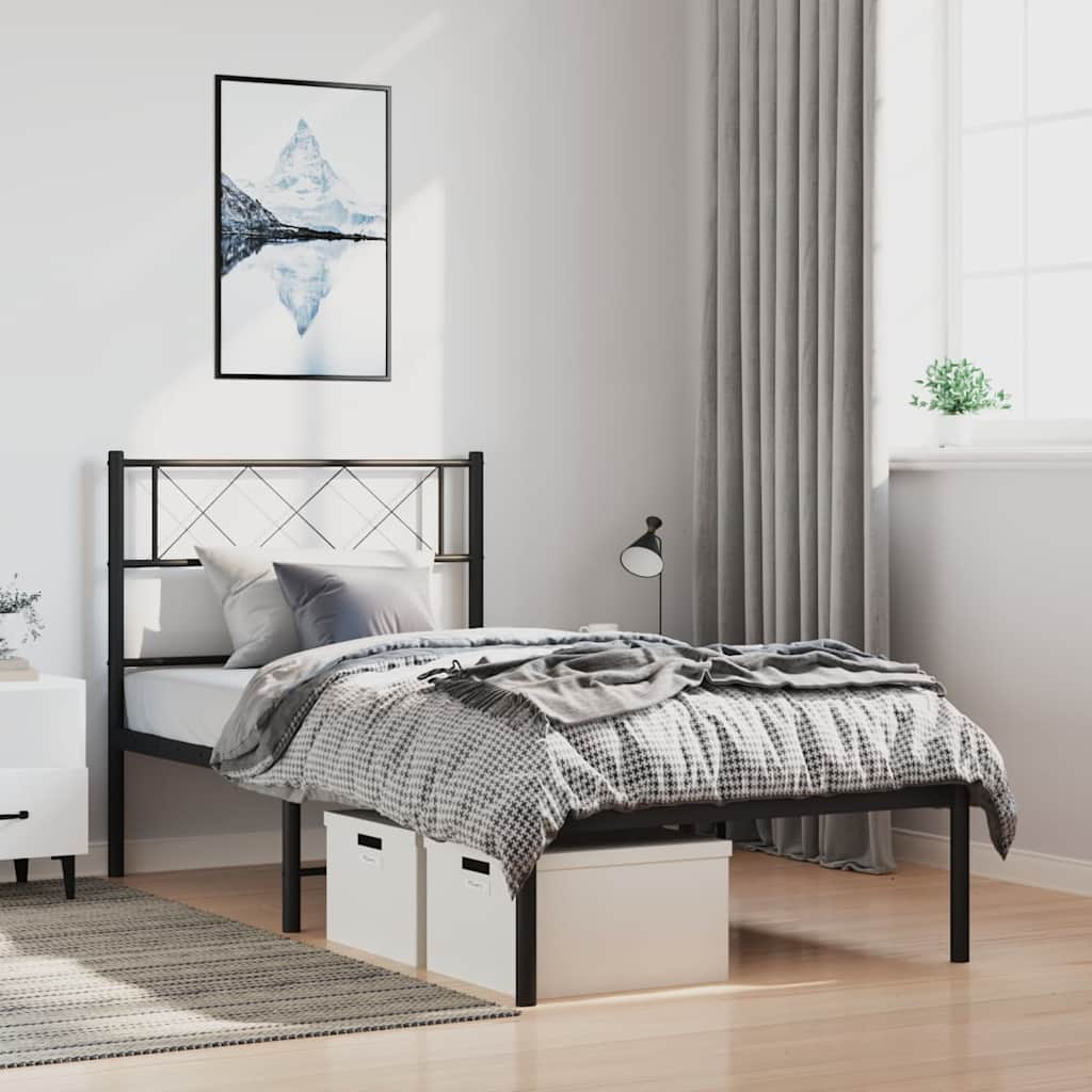 Metal Bed Frame without Mattress with Headboard Black 100x190cm