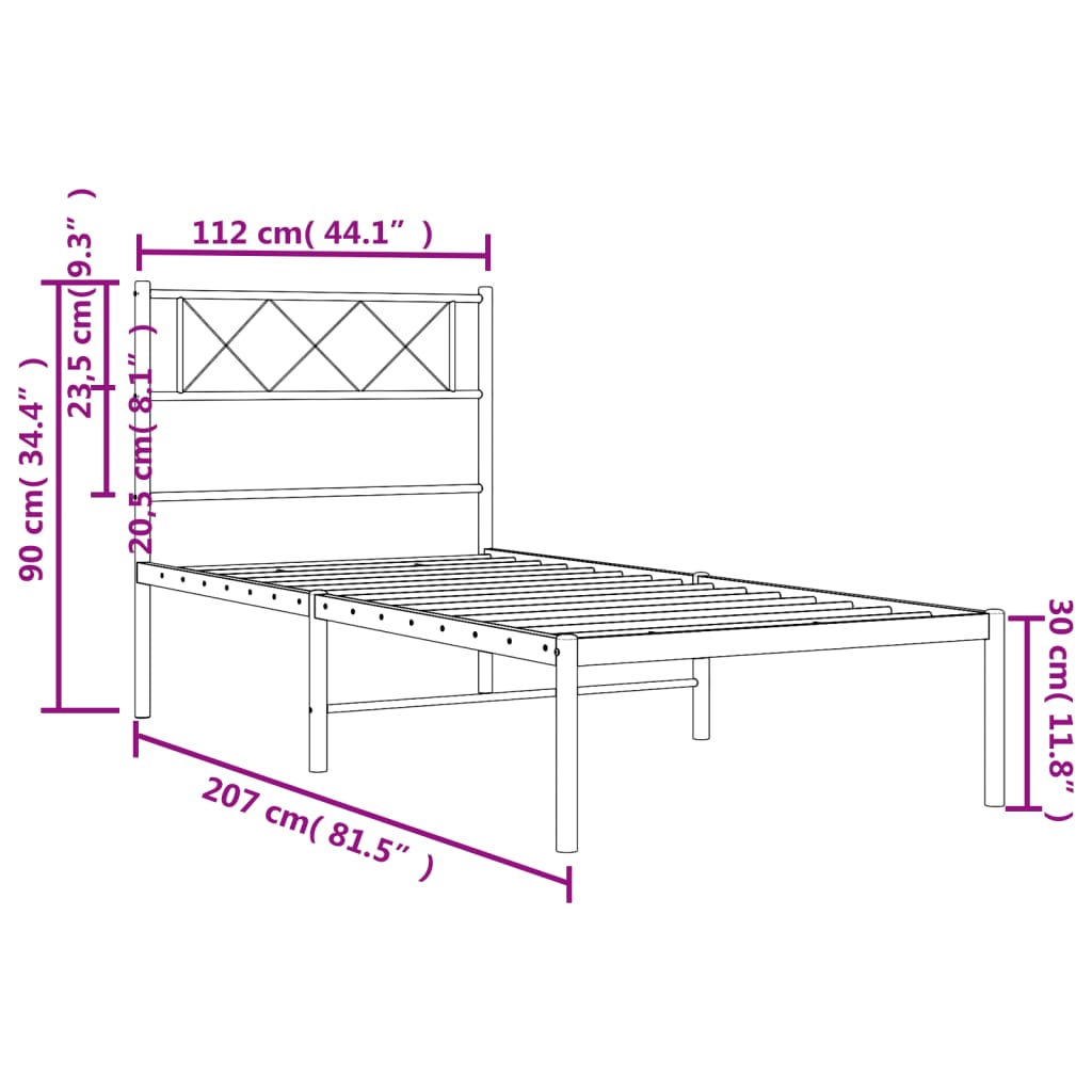 Metal Bed Frame without Mattress with Headboard Black 107x203cm