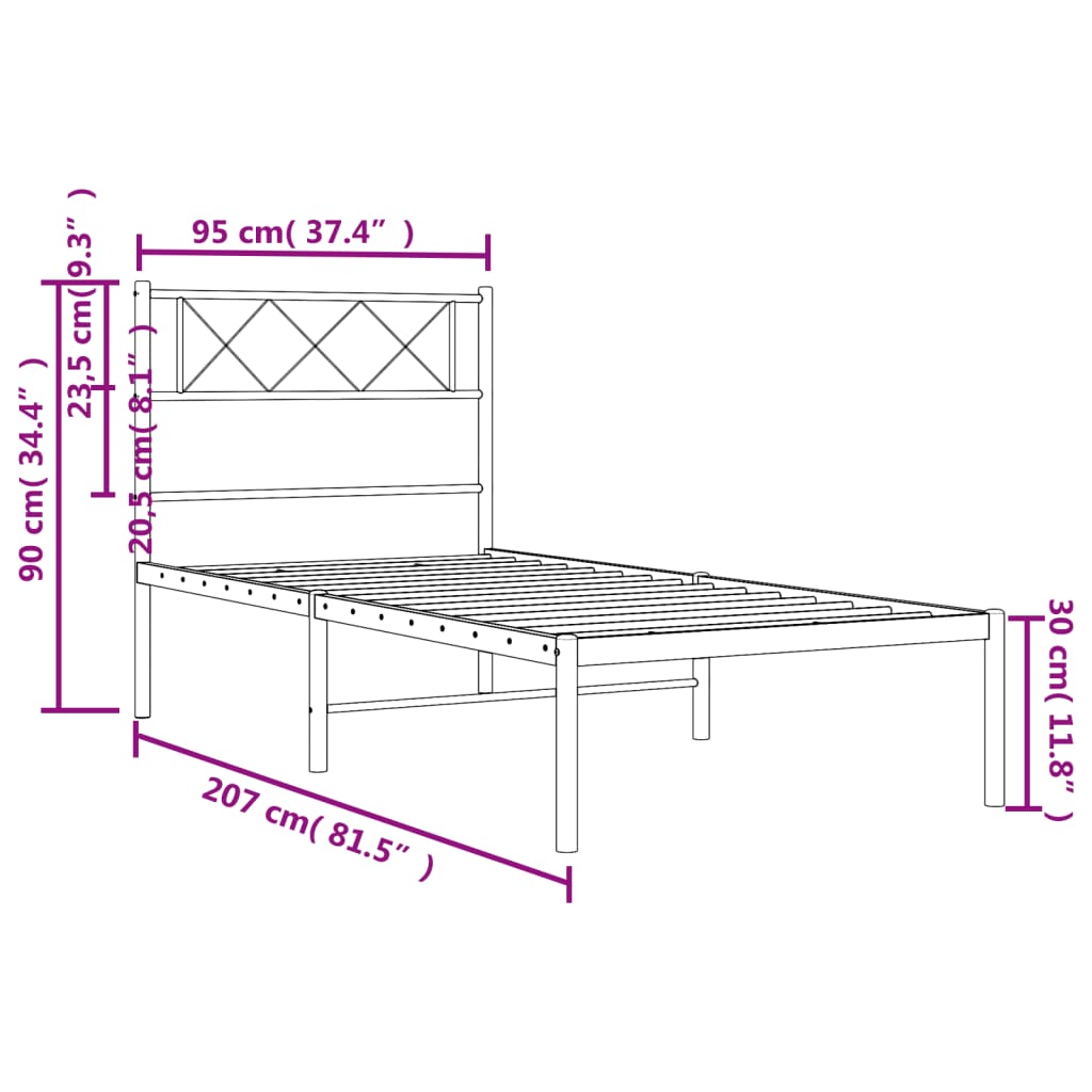 vidaXL Metal Bed Frame without Mattress with Headboard White 90x200cm