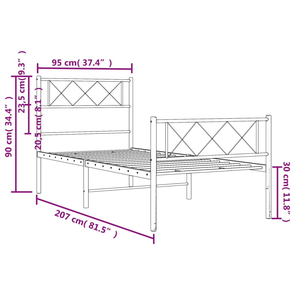 vidaXL Metal Bed Frame without Mattress with Footboard White 90x200cm