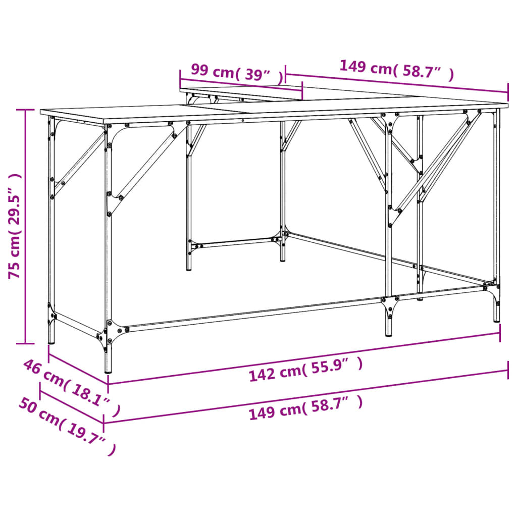 vidaXL Desk Grey Sonoma 149x149x75 cm Engineered Wood