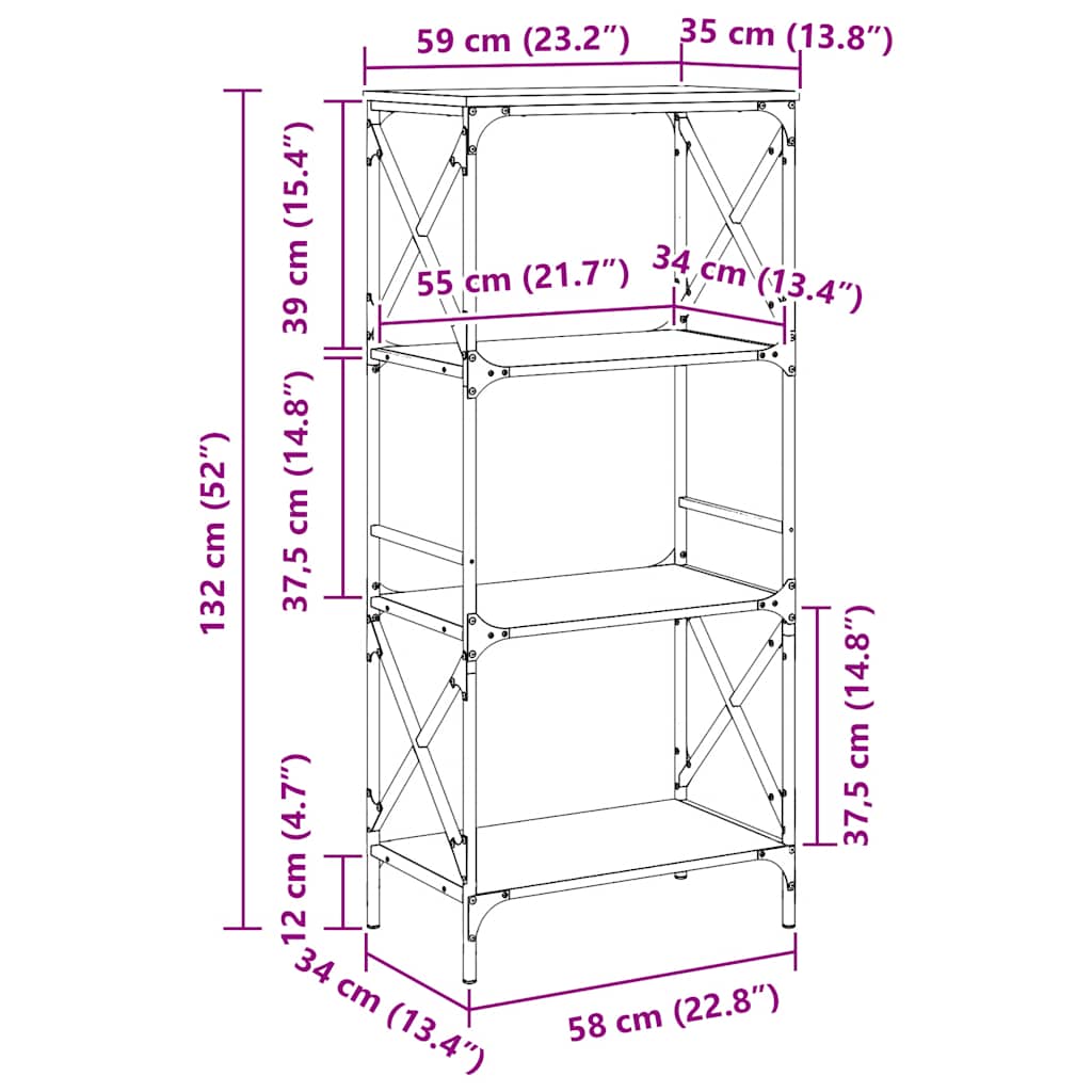 Bookcase 4-Tier Black 59x35x132 cm Engineered Wood