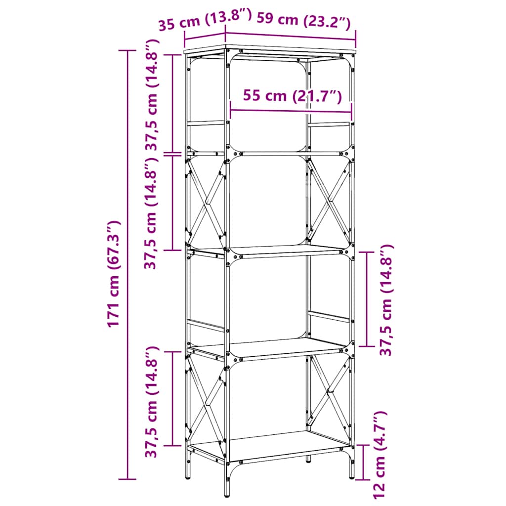 Bookcase 5-Tier Grey Sonoma 59x35x171 cm Engineered Wood