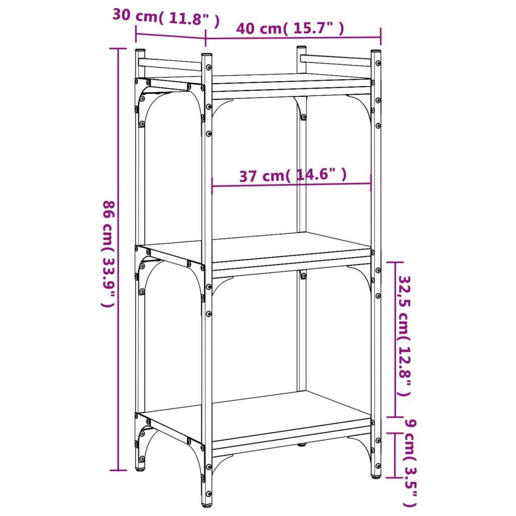 Bookcase 3-Tier Grey Sonoma 40x30x86 cm Engineered Wood