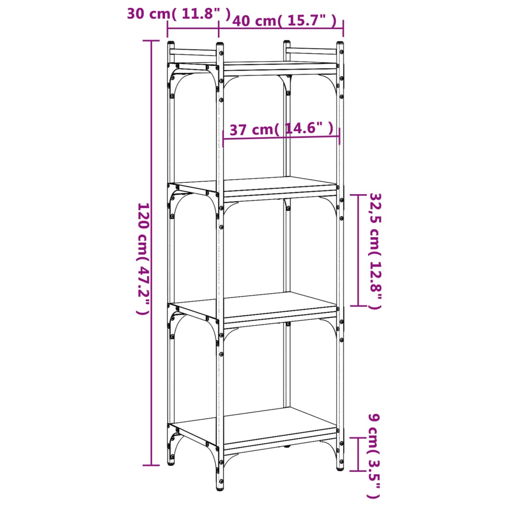 Bookcase 4-Tier Brown Oak 40x30x120 cm Engineered Wood