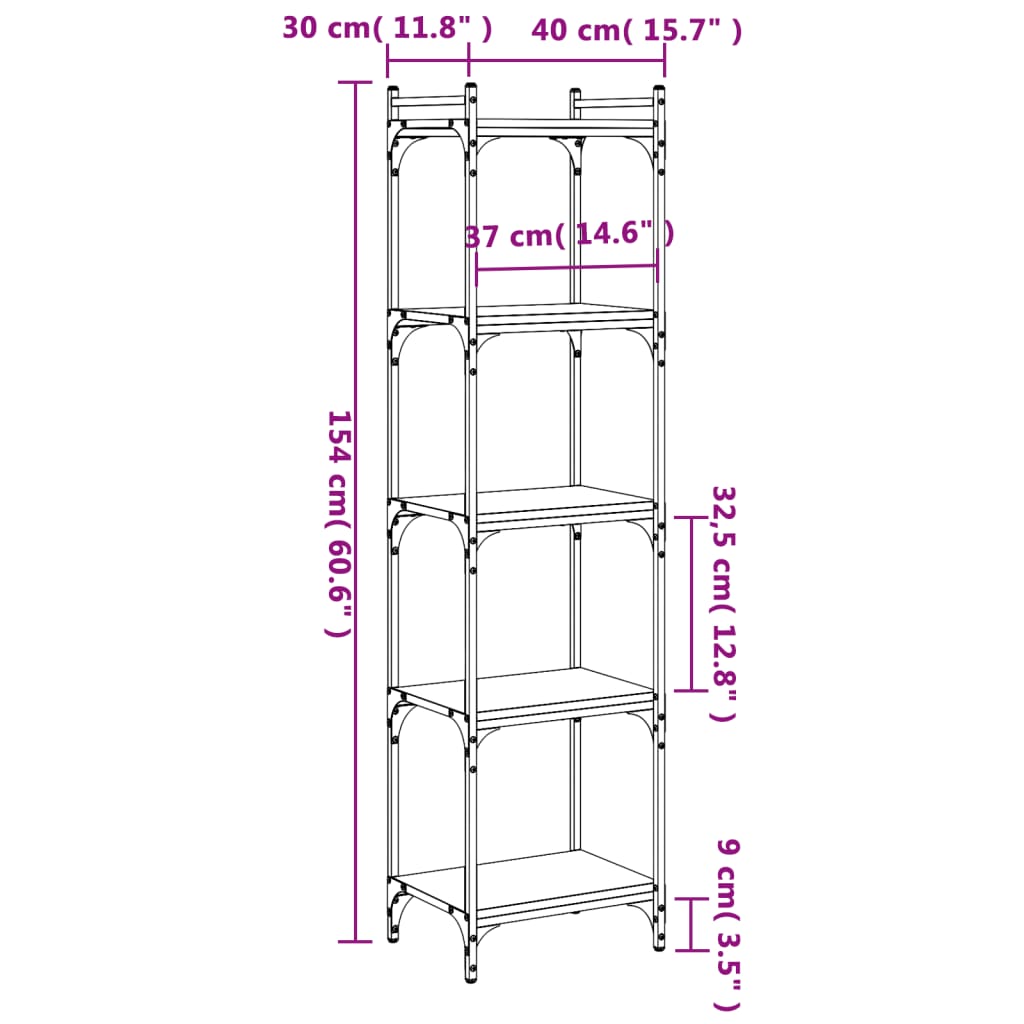 Bookcase 5-Tier Smoked Oak 40x30x154 cm Engineered Wood