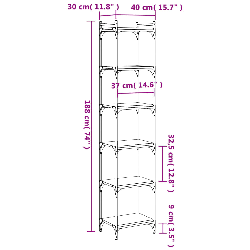Bookcase 6-Tier Brown Oak 40x30x188 cm Engineered Wood