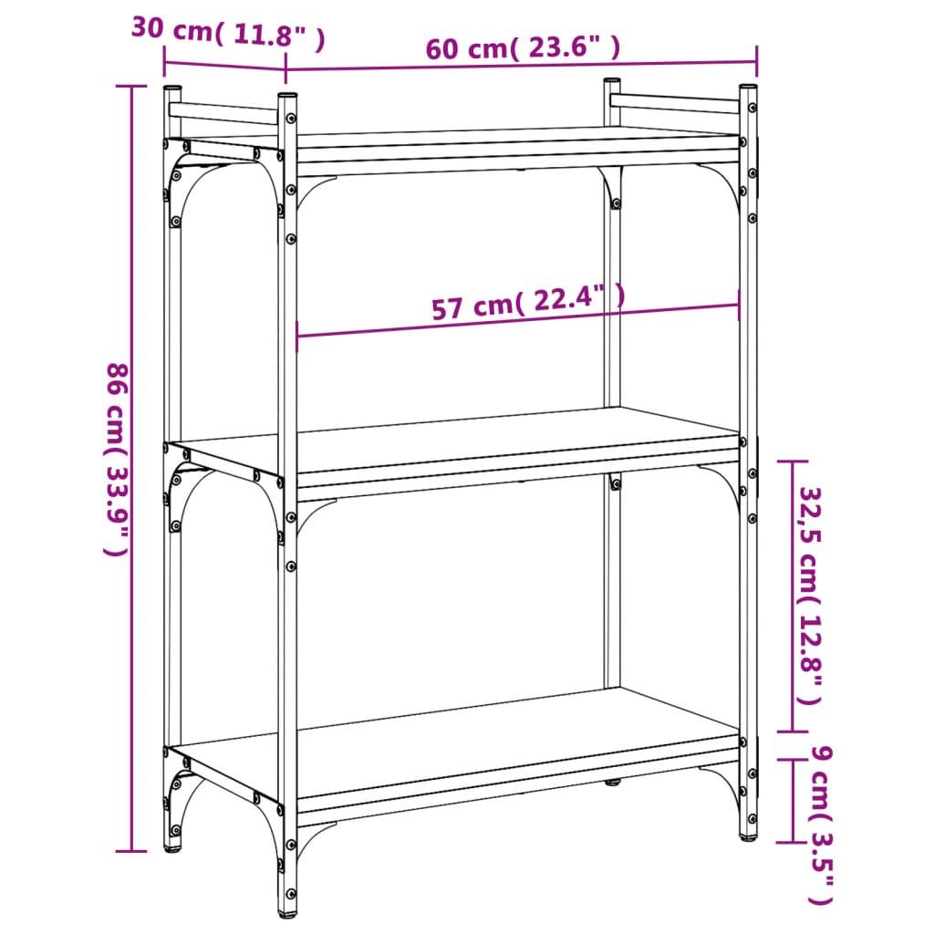 Bookcase 3-Tier Grey Sonoma 60x30x86 cm Engineered Wood