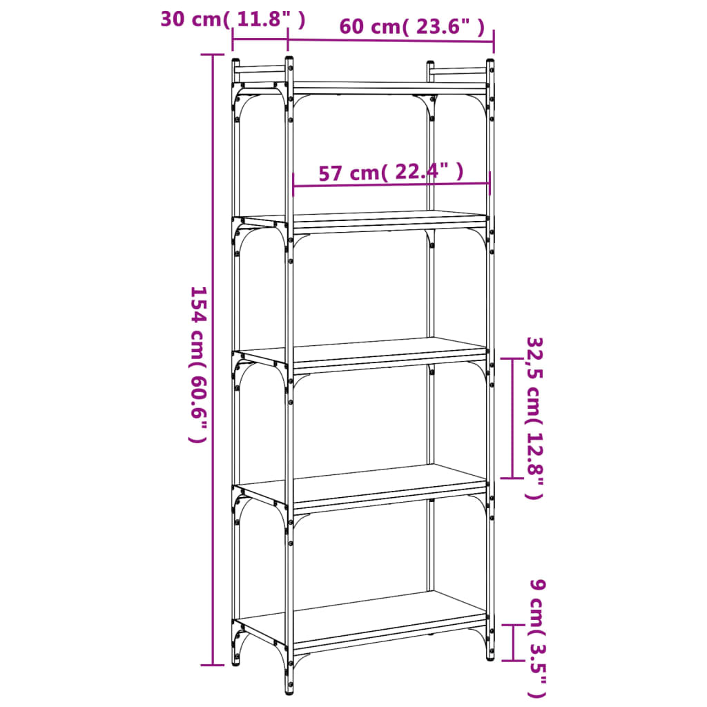 Bookcase 5-Tier Brown Oak 60x30x154 cm Engineered Wood