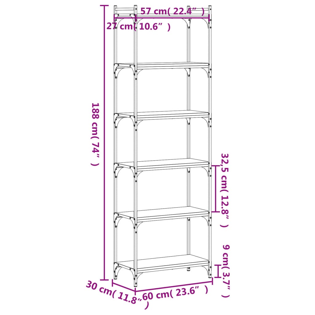 Bookcase 6-Tier Brown Oak 60x30x188 cm Engineered Wood