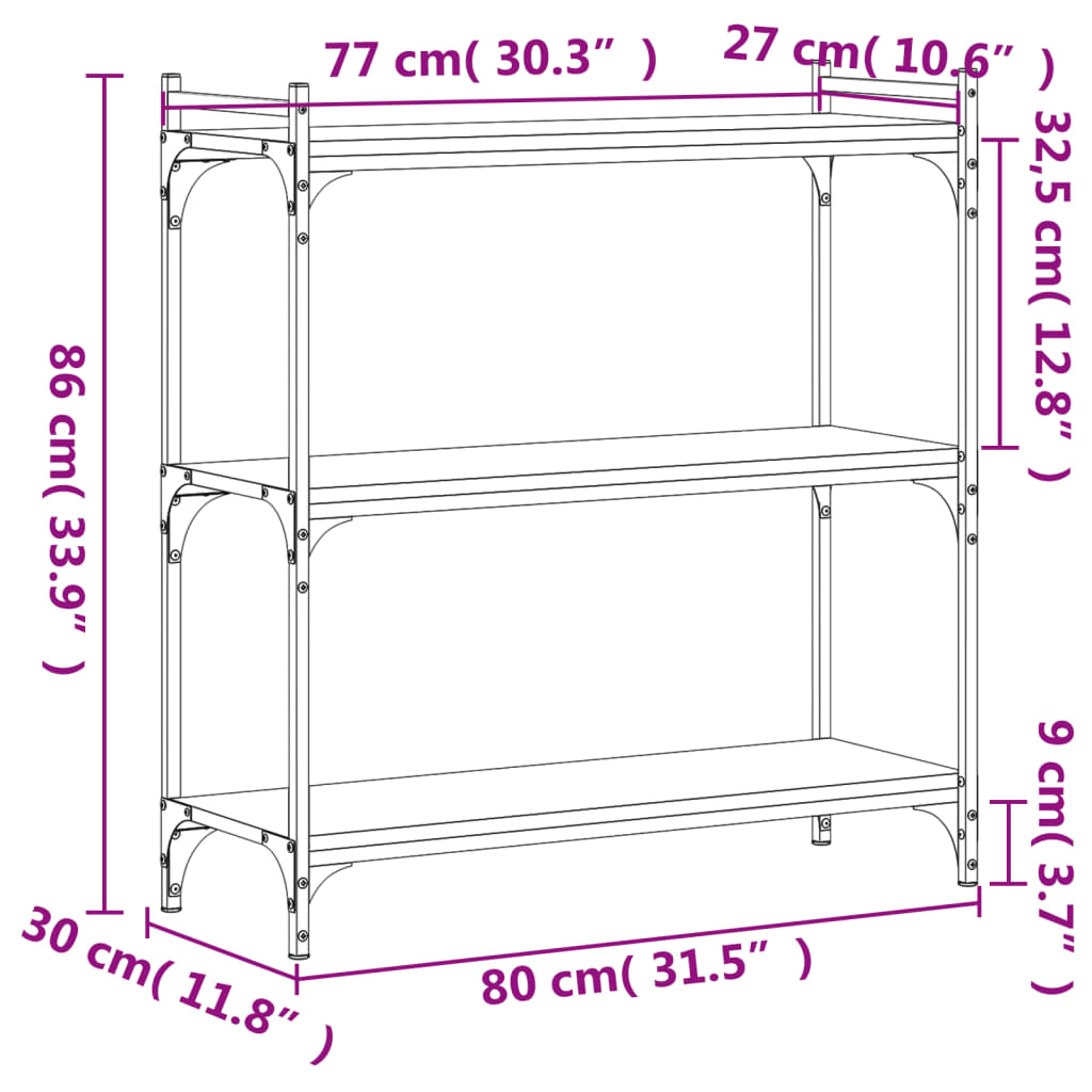 Bookcase 3-Tier Grey Sonoma 80x30x86 cm Engineered Wood
