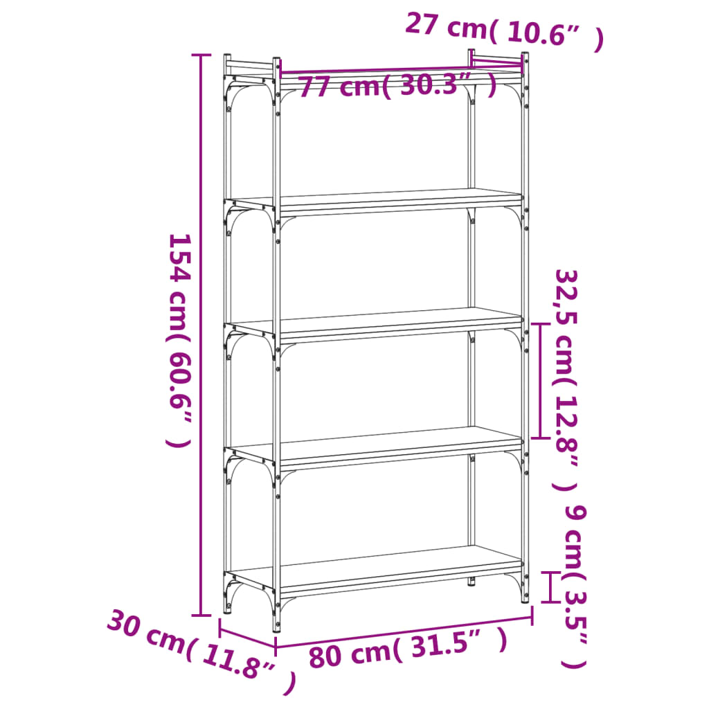 Bookcase 5-Tier Grey Sonoma 80x30x154 cm Engineered Wood