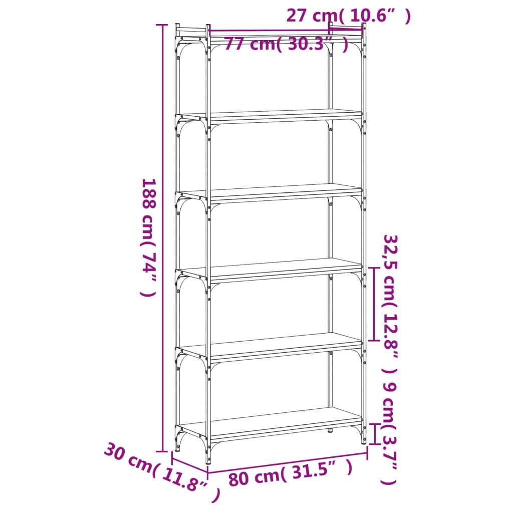 vidaXL Bookcase 6-Tier Sonoma Oak 80x30x188 cm Engineered Wood