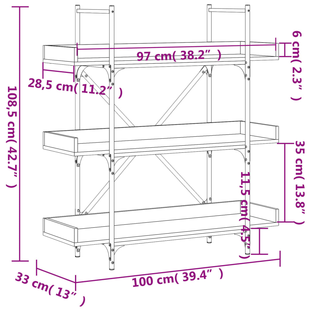 Bookcase 3-Tier Brown Oak 100x33x108.5 cm Engineered Wood