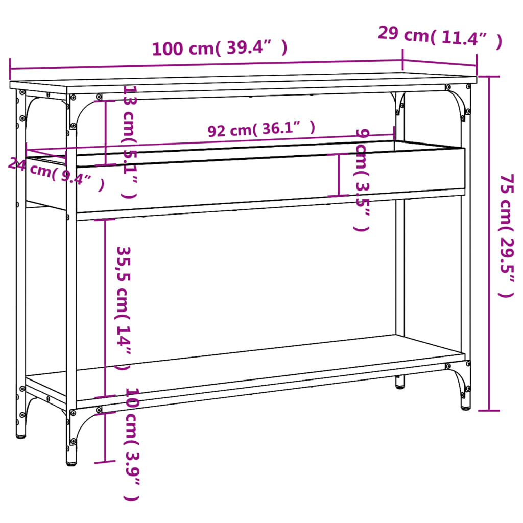 Console Table with Shelf Grey Sonoma 100x29x75 cm