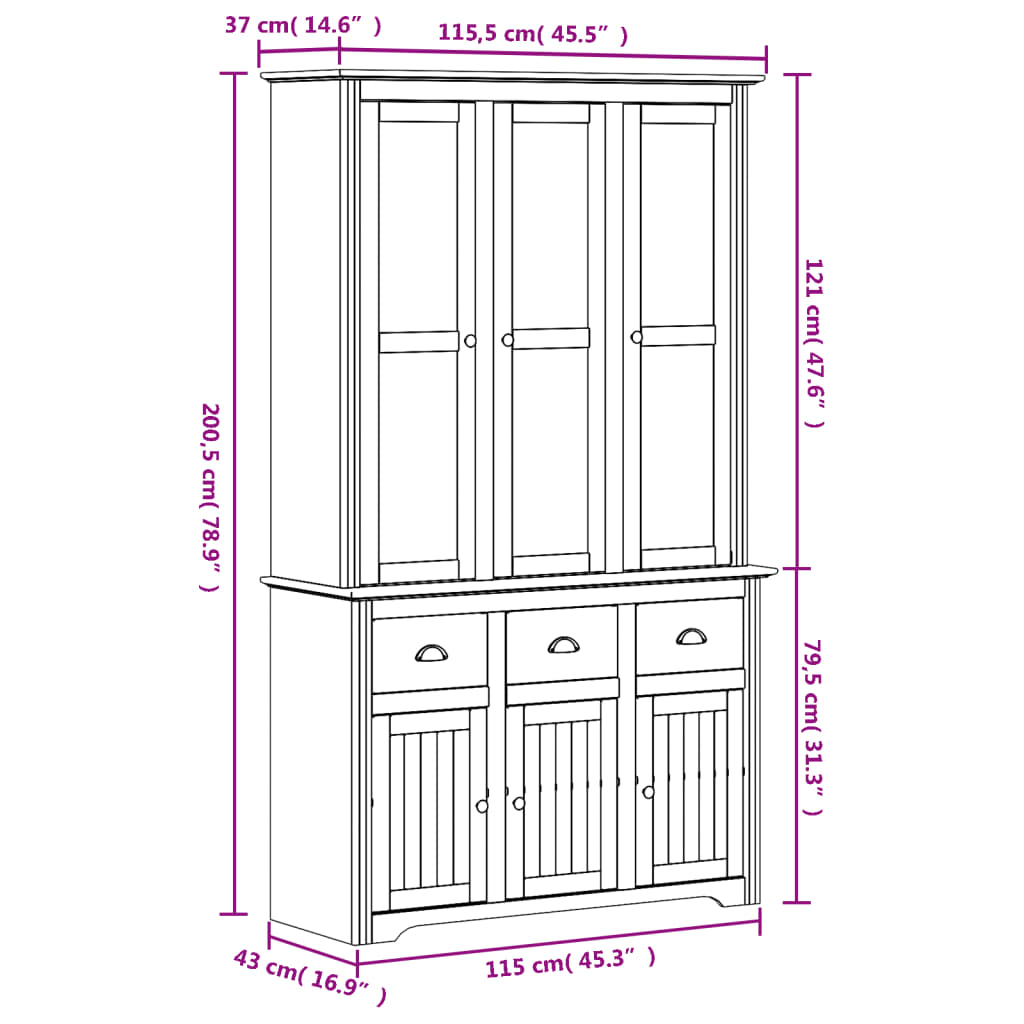 vidaXL Highborad "BODO" Grey 115.5x43x200.5 cm Solid Wood Pine