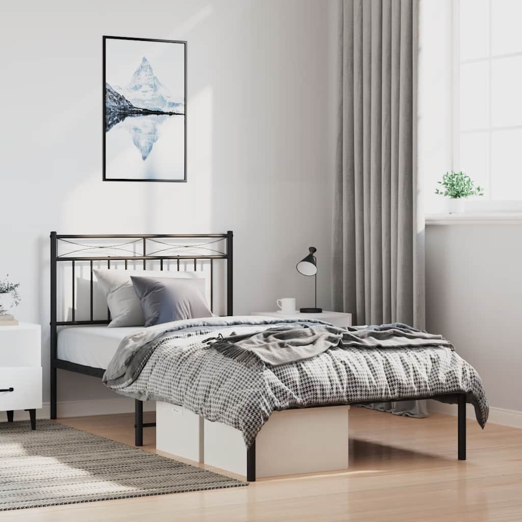 Metal Bed Frame without Mattress with Headboard Black 100x190cm