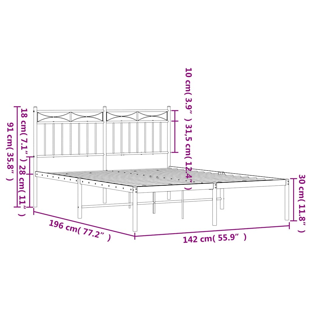Metal Bed Frame without Mattress with Headboard White 135x190cm