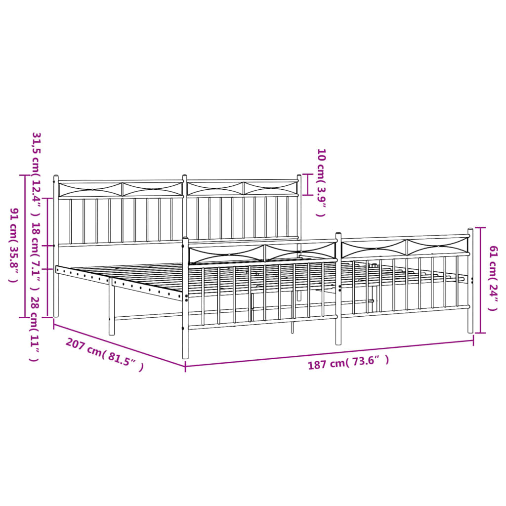 vidaXL Metal Bed Frame without Mattress with Footboard White 180x200cm