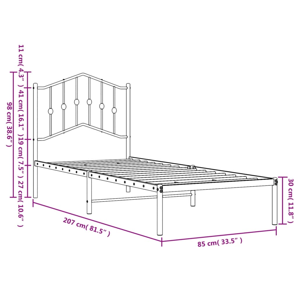 vidaXL Metal Bed Frame without Mattress with Headboard Black 80x200cm