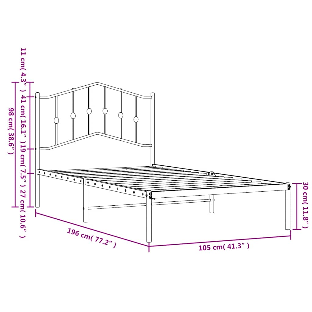 Metal Bed Frame without Mattress with Headboard Black 100x190cm