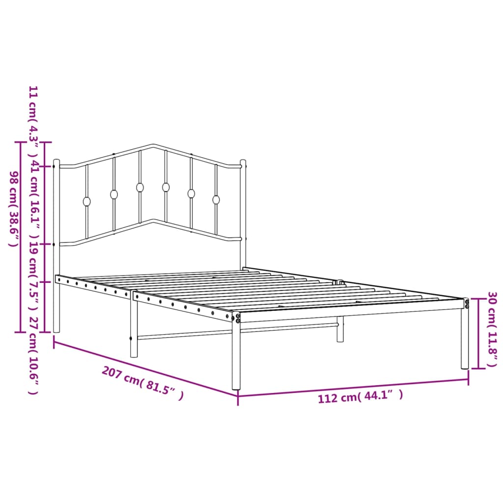 vidaXL Metal Bed Frame without Mattress with Headboard Black 107x203cm