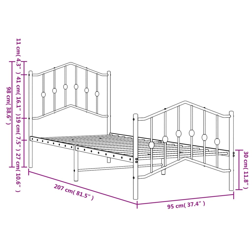 vidaXL Metal Bed Frame without Mattress with Footboard White 90x200cm