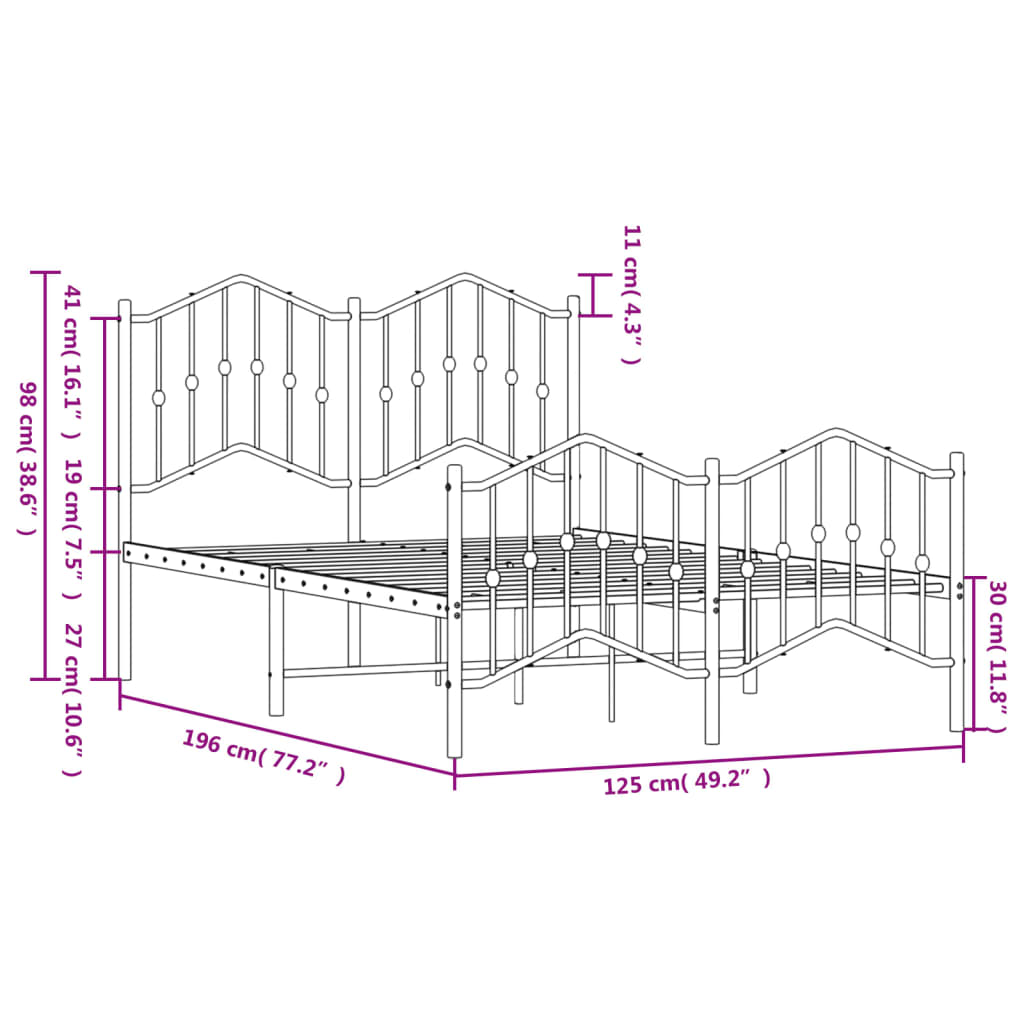 Metal Bed Frame without Mattress with Footboard White 120x190cm
