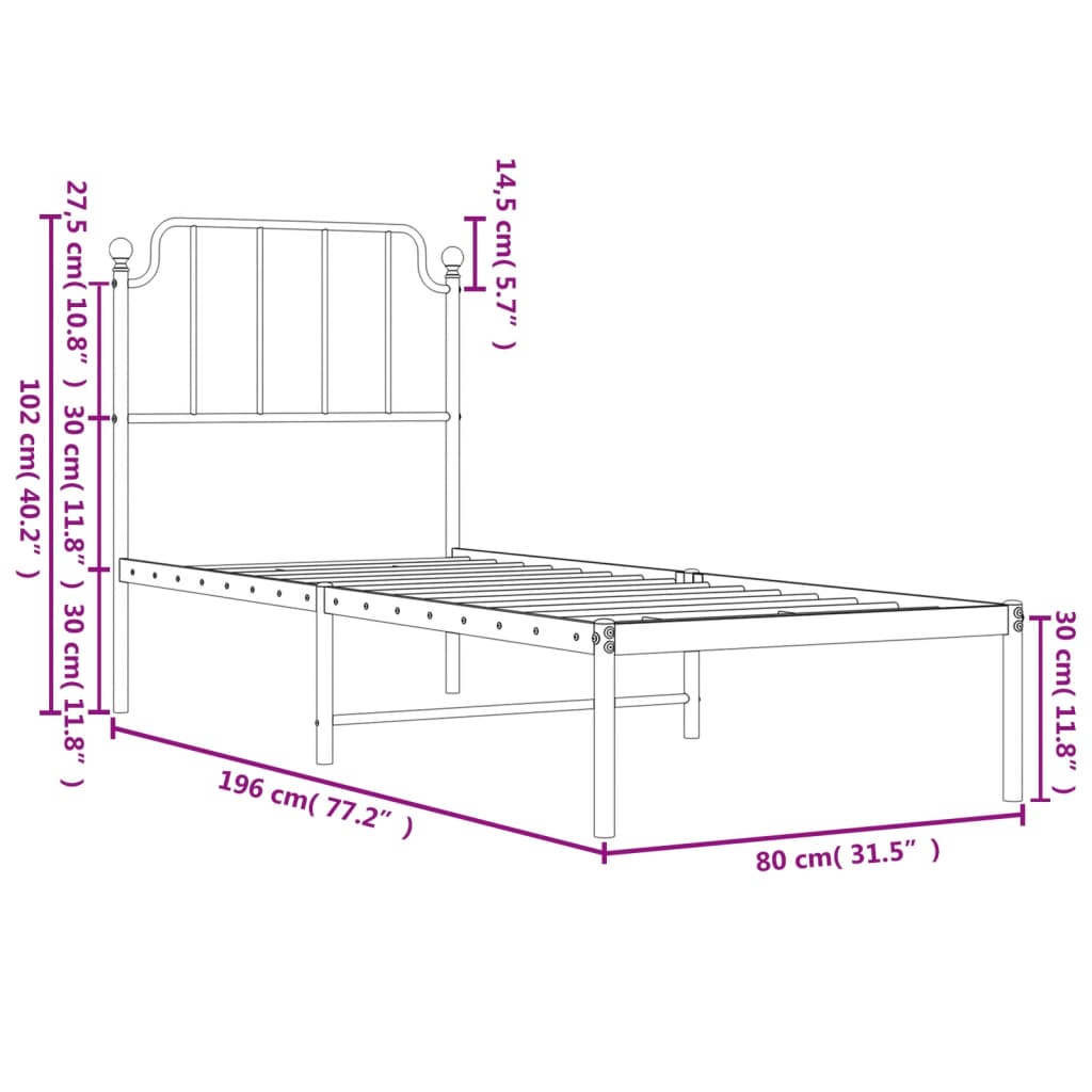 vidaXL Metal Bed Frame without Mattress with Headboard Black 75x190cm