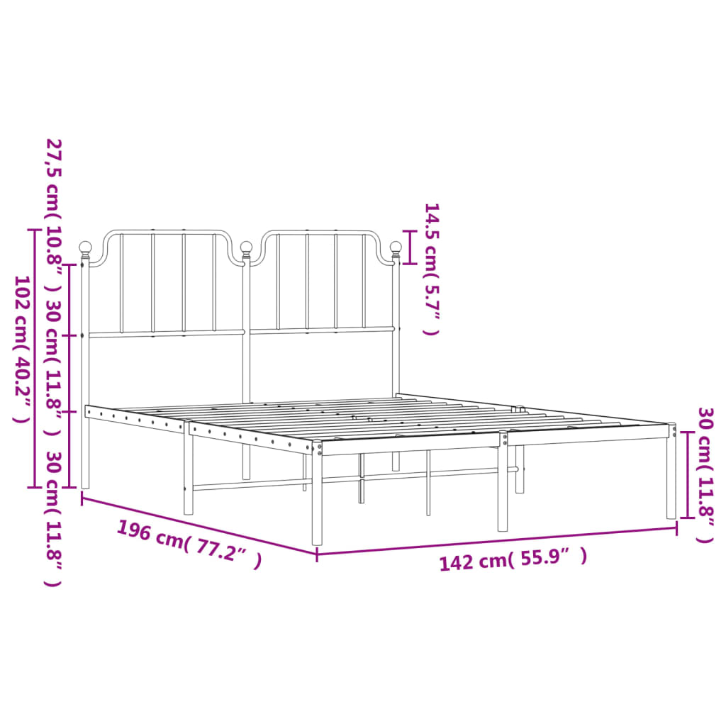 vidaXL Metal Bed Frame without Mattress with Headboard Black 135x190cm