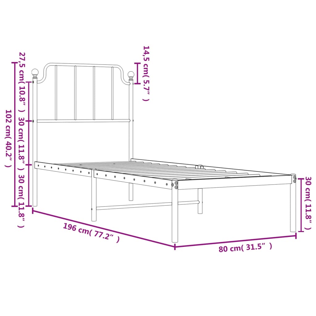 vidaXL Metal Bed Frame without Mattress with Headboard White 75x190cm