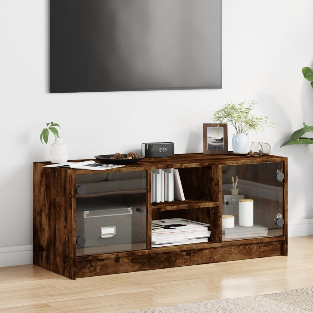 vidaXL TV Cabinet with Glass Doors Smoked Oak 102x37x42 cm