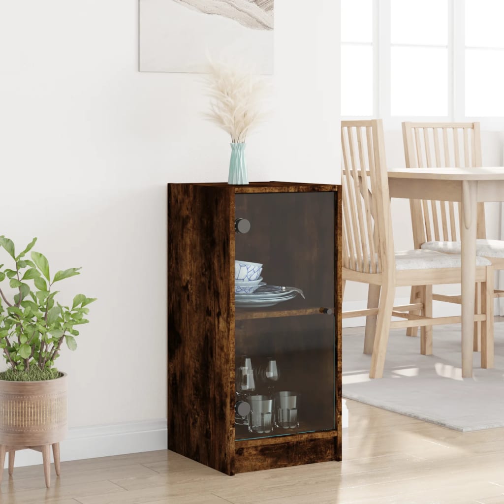 vidaXL Side Cabinet with Glass Doors Smoked Oak 35x37x75.5 cm