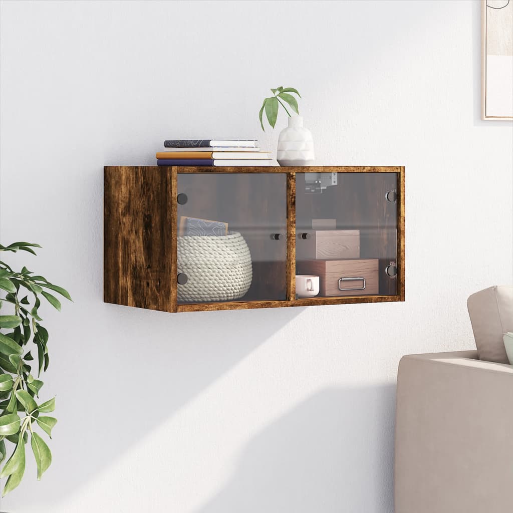 Wall Cabinet with Glass Doors Smoked Oak 68,5x37x35 cm