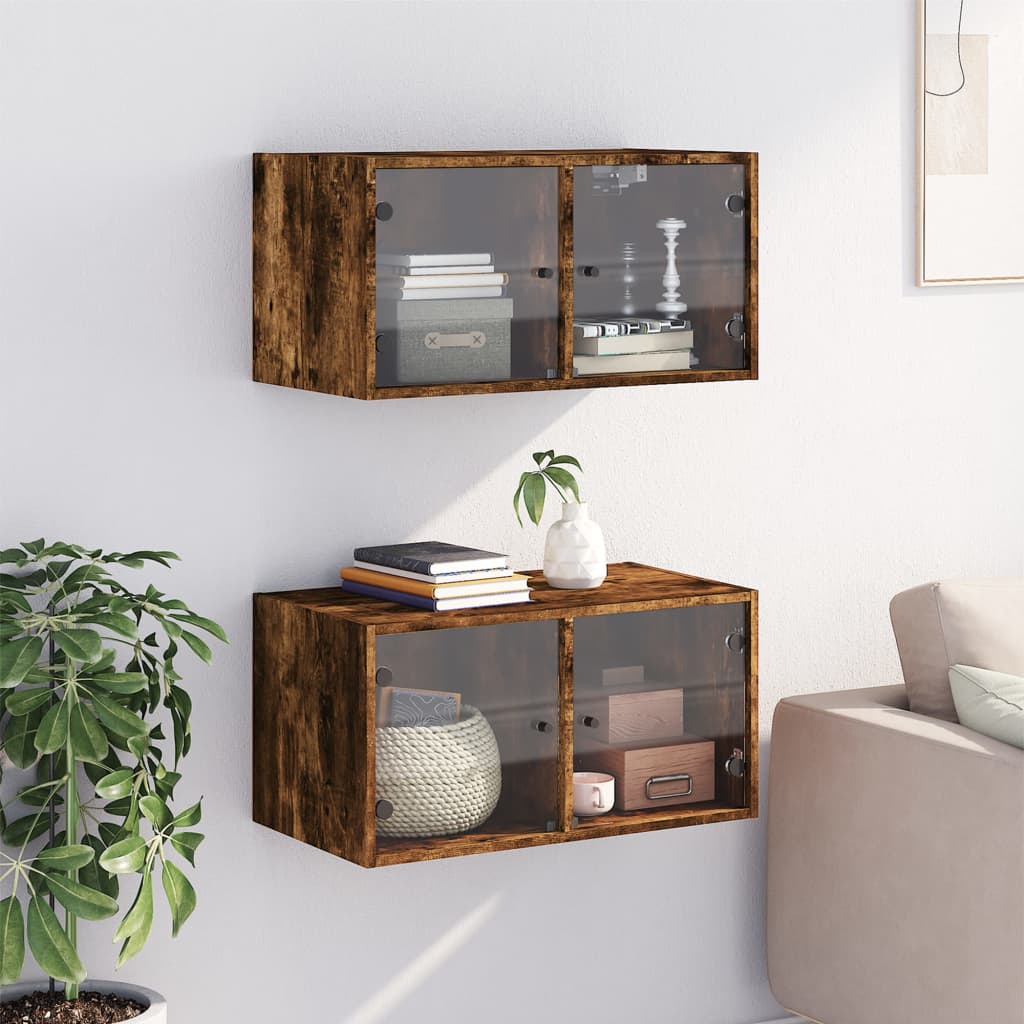 Wall Cabinets with Glass Doors 2 pcs Smoked Oak 68.5x37x35 cm