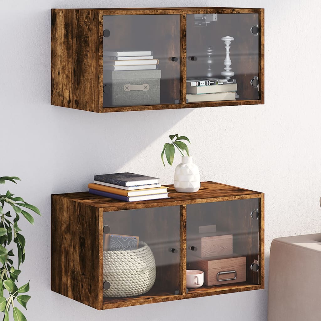 Wall Cabinets with Glass Doors 2 pcs Smoked Oak 68.5x37x35 cm