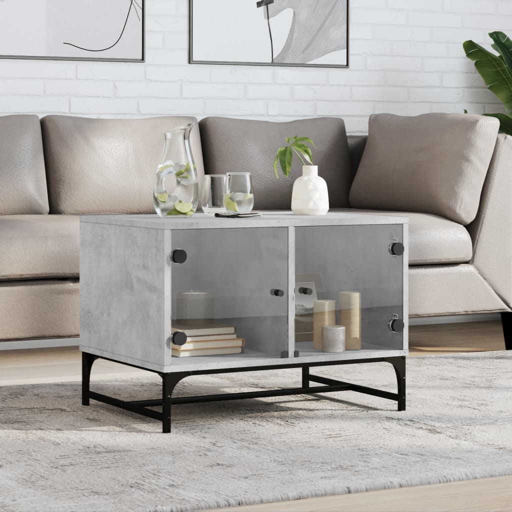 Coffee Table with Glass Doors Concrete Grey 68,5x50x50 cm