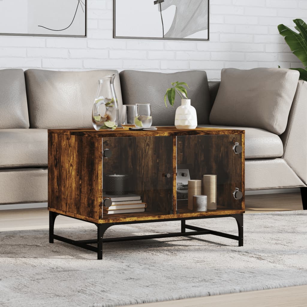 Coffee Table with Glass Doors Smoked Oak 68,5x50x50 cm