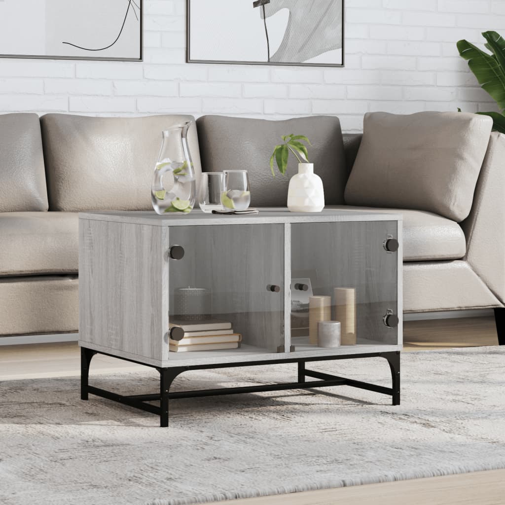 Coffee Table with Glass Doors Grey Sonoma 68,5x50x50 cm