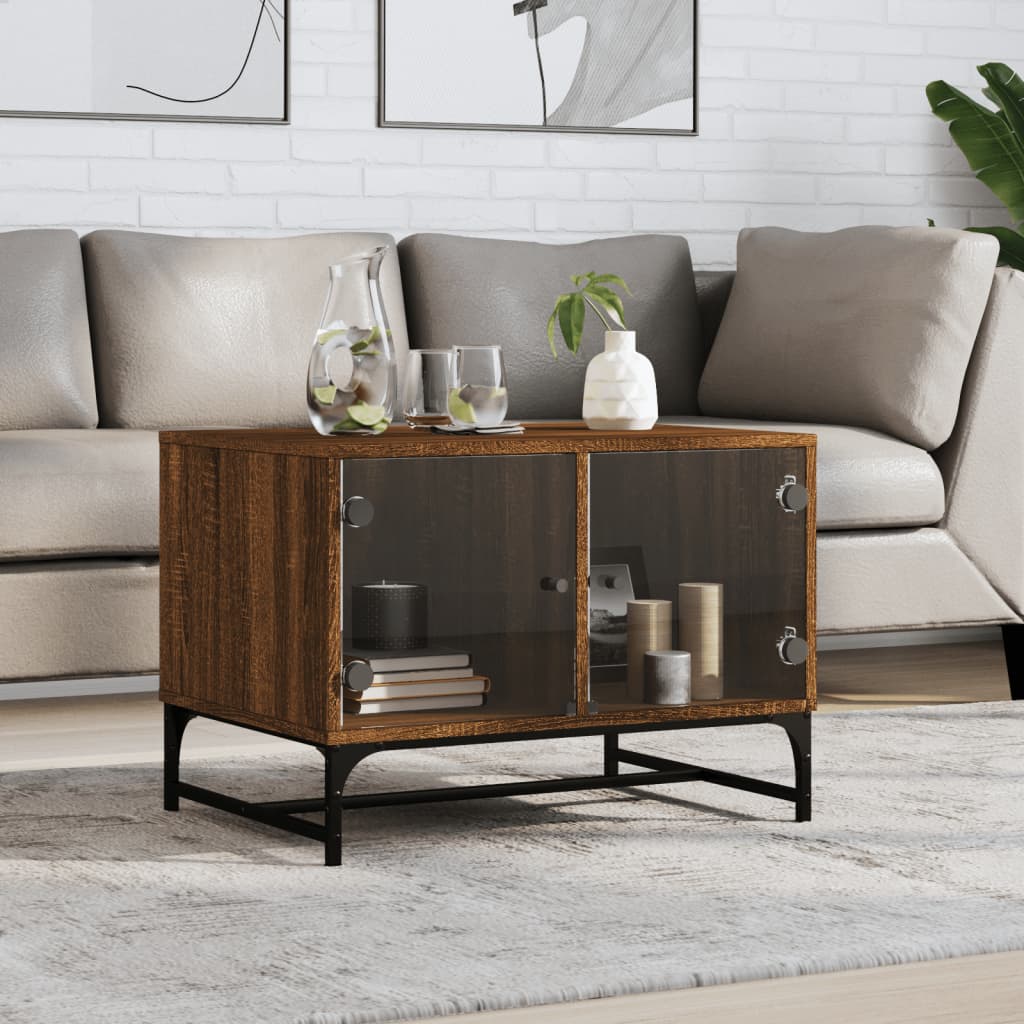 Coffee Table with Glass Doors Brown Oak 68,5x50x50 cm