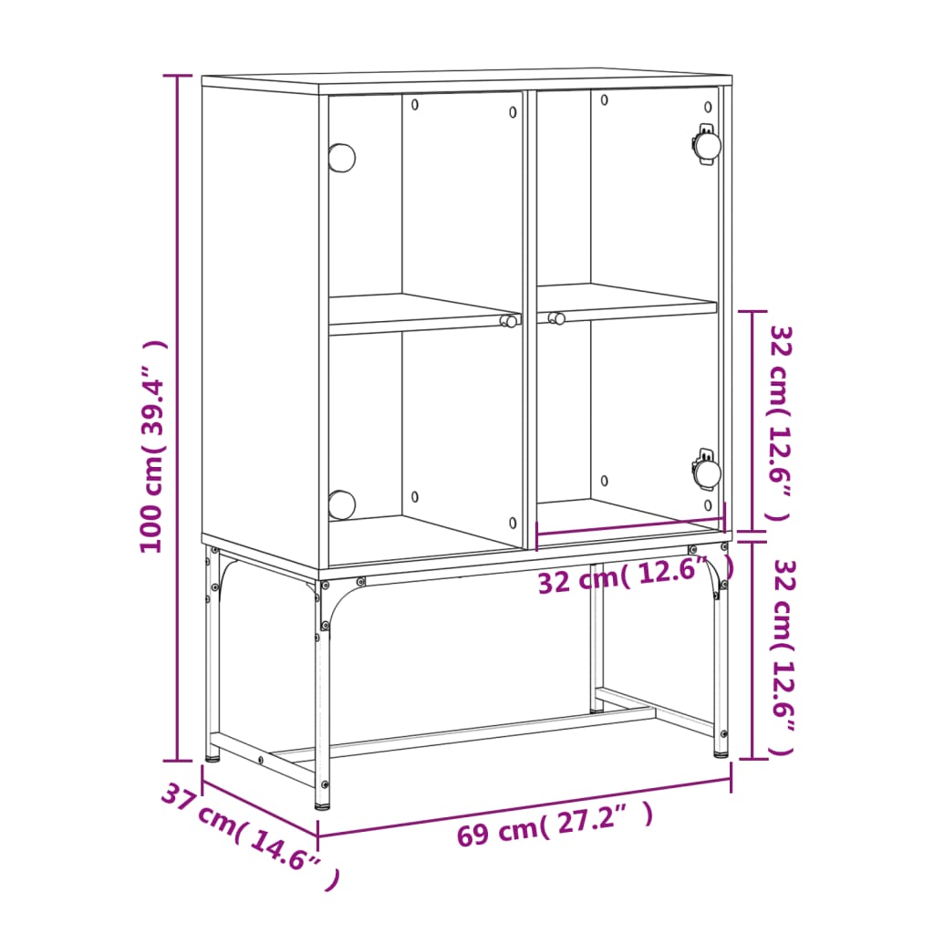 Side Cabinet with Glass Doors Concrete Grey 69x37x100 cm