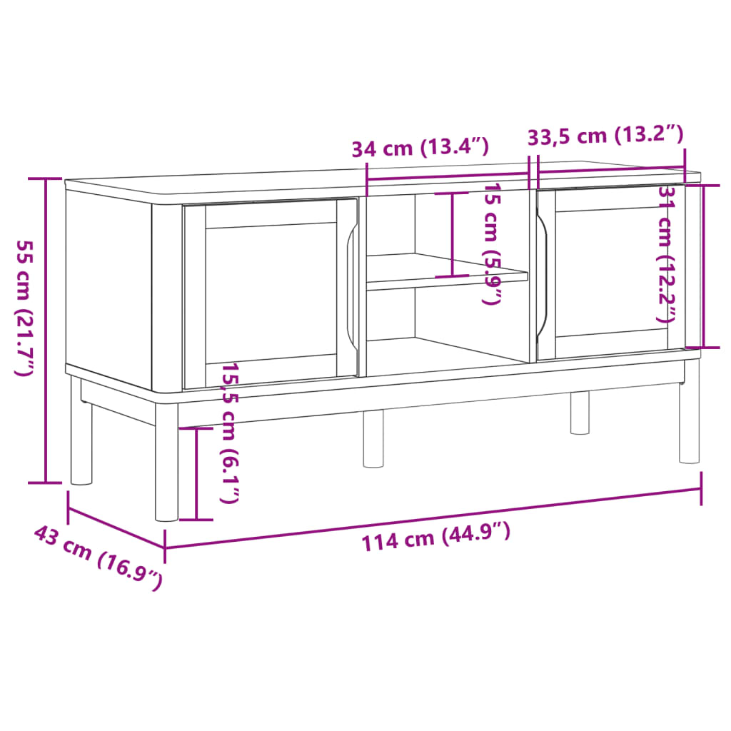 TV Cabinet "FLORO" White 114x43x55 cm Solid Wood Pine