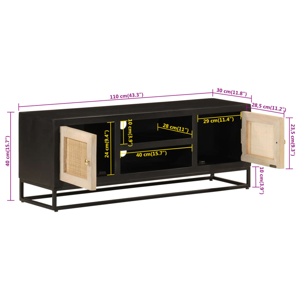 vidaXL TV Cabinet Black 110x30x40 cm Solid Wood Mango and Iron