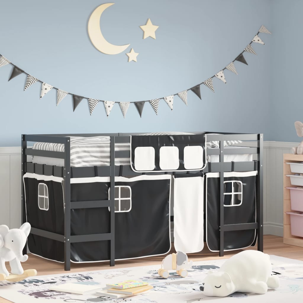 vidaXL Kids' Loft Bed with Curtains without Mattress White&Black 80x200cm