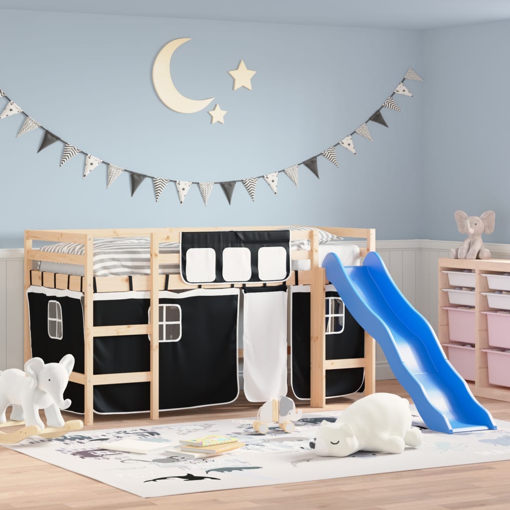 vidaXL Kids' Loft Bed with Curtains without Mattress White&Black 80x200cm