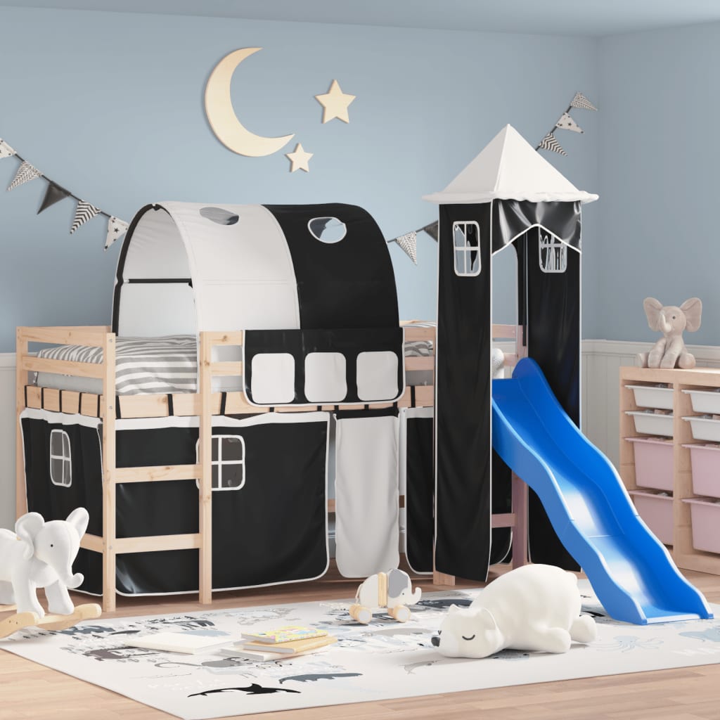 vidaXL Kids' Loft Bed with Tower without Mattress White&Black 90x190cm